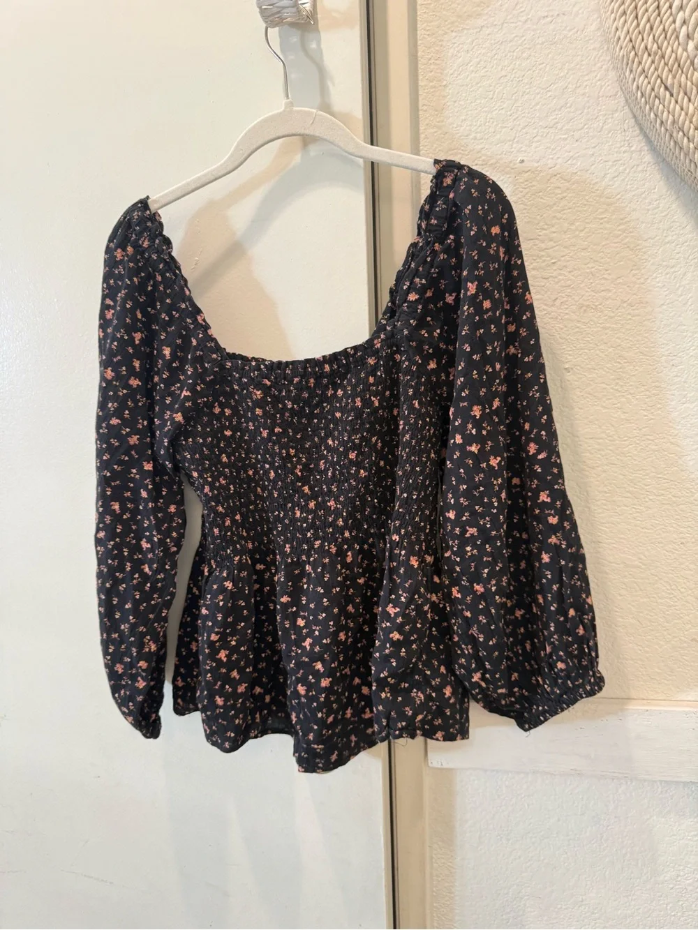 Madewell black Floral Smocked Square-Neck Top size 6